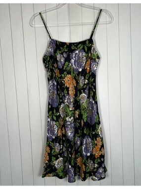 Farm Rio size M Capri mini slip dress black floral satin spaghetti strap viscose